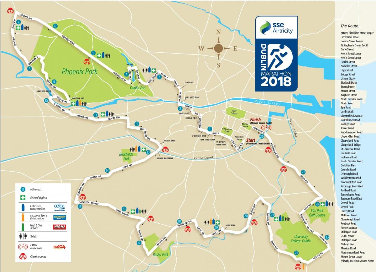 Дублінскі марафон маршрут на карце